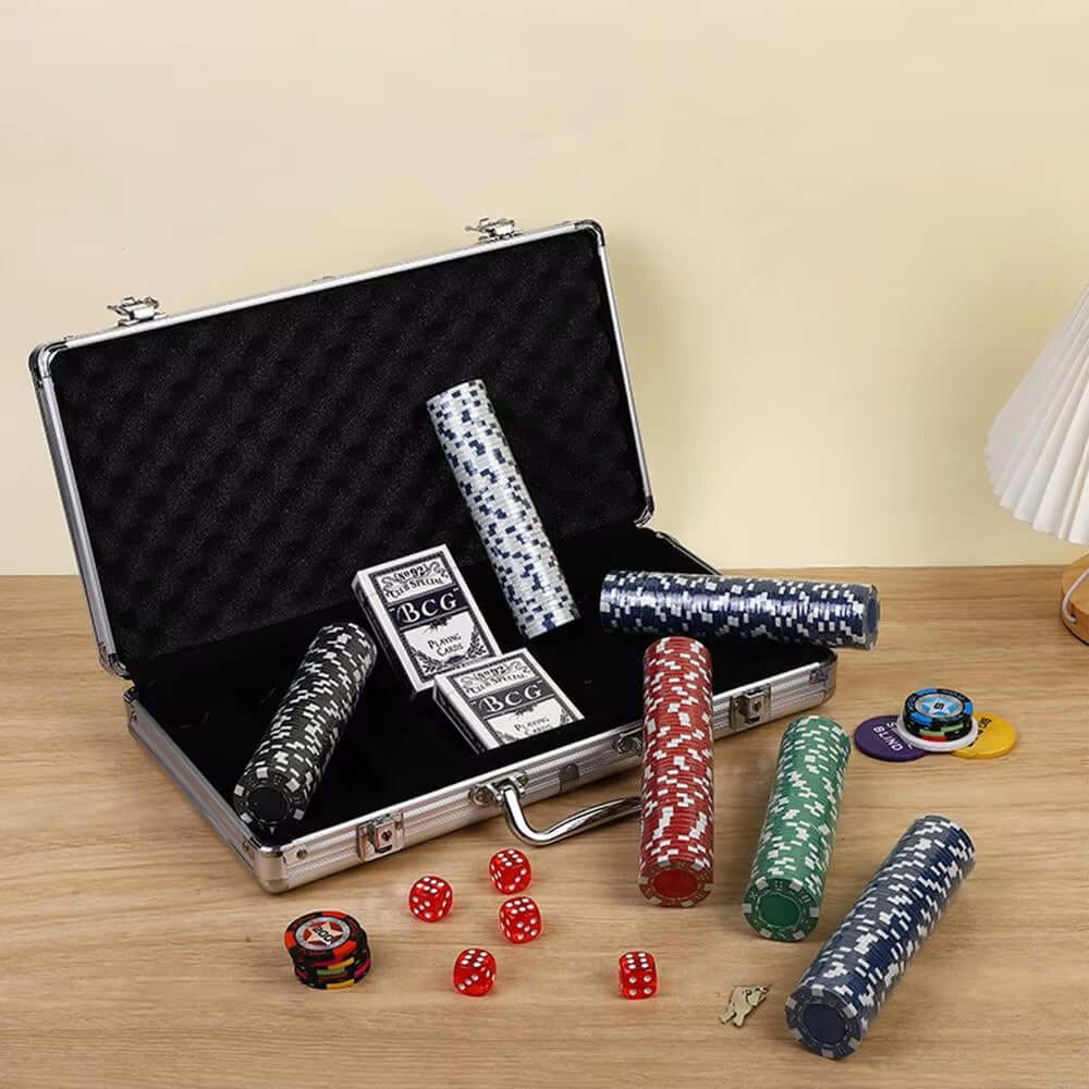 Complete 300pc poker game set with chips cards dice buttons and case