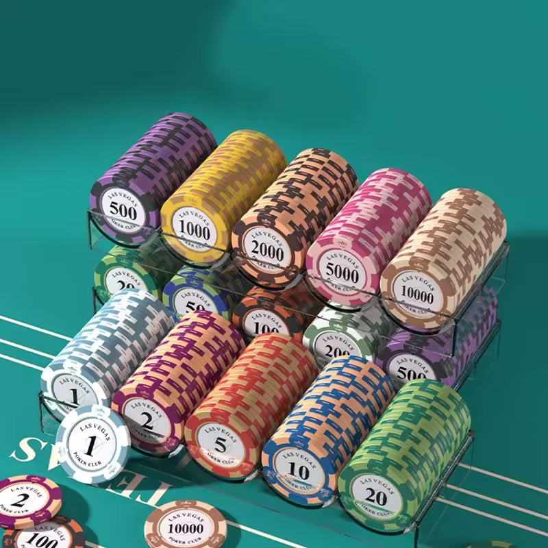 10-piece poker chip set arranged in clear trays