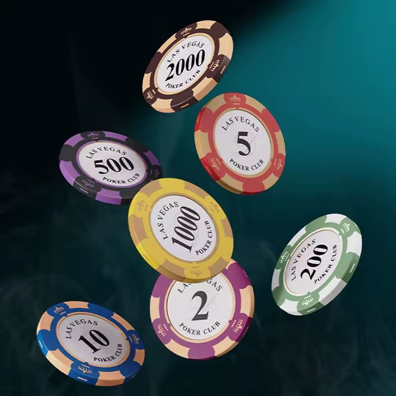 casino-style poker chips falling against a dark green background
