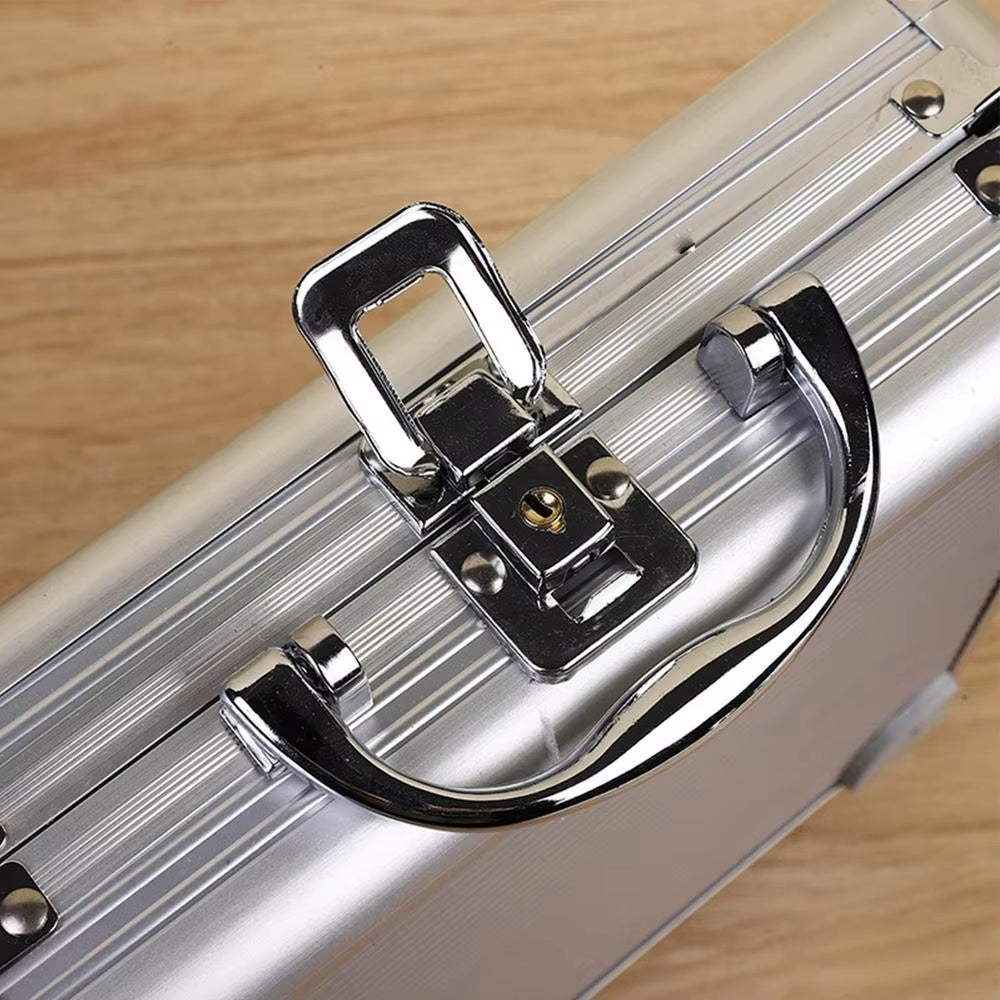 Close up of aluminium poker game set case latch and handle