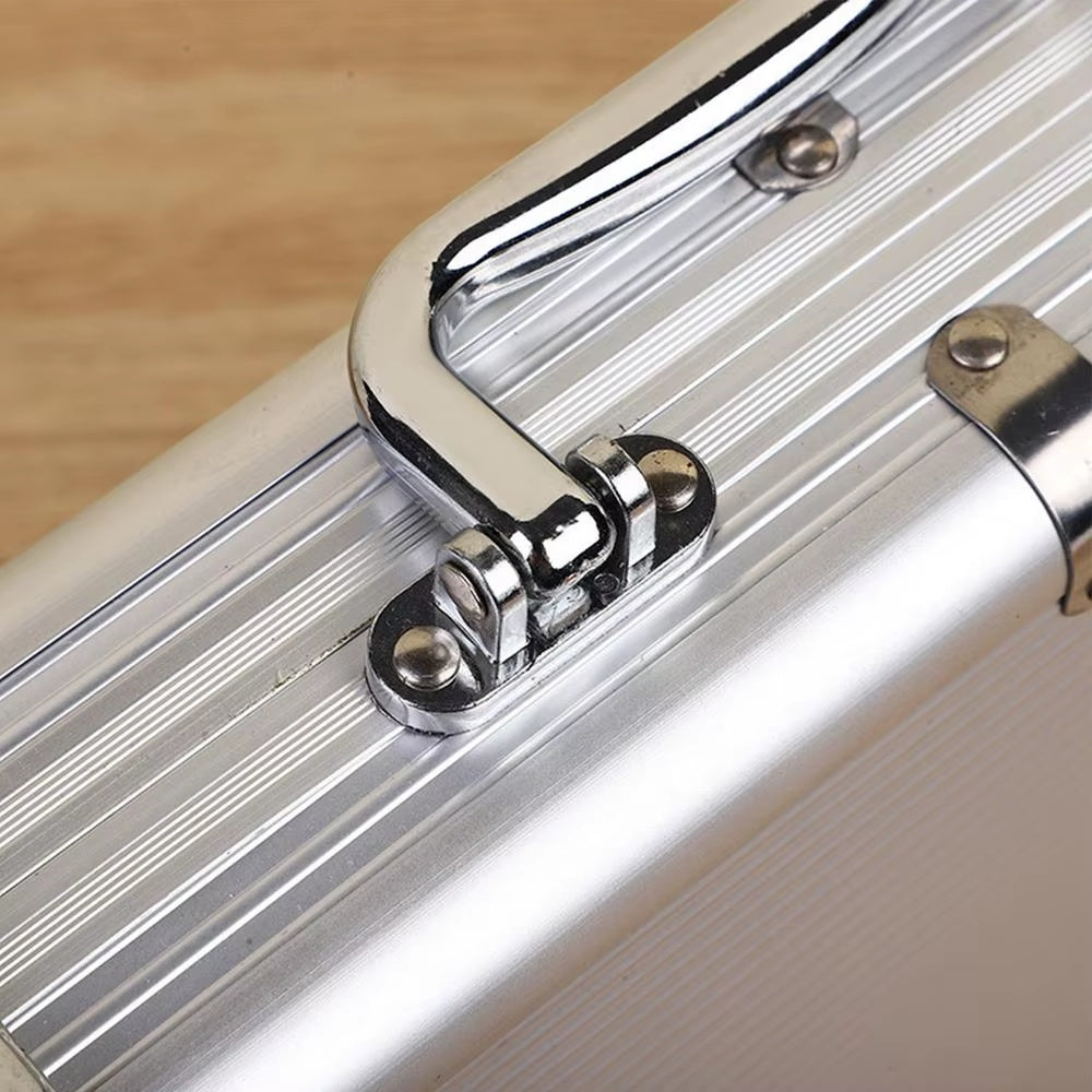 Close up of aluminium poker game set case hinge
