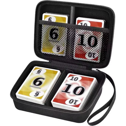Small black card case open with cards stored inside