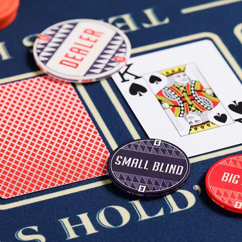 Poker dealer button and blind buttons with playing cards